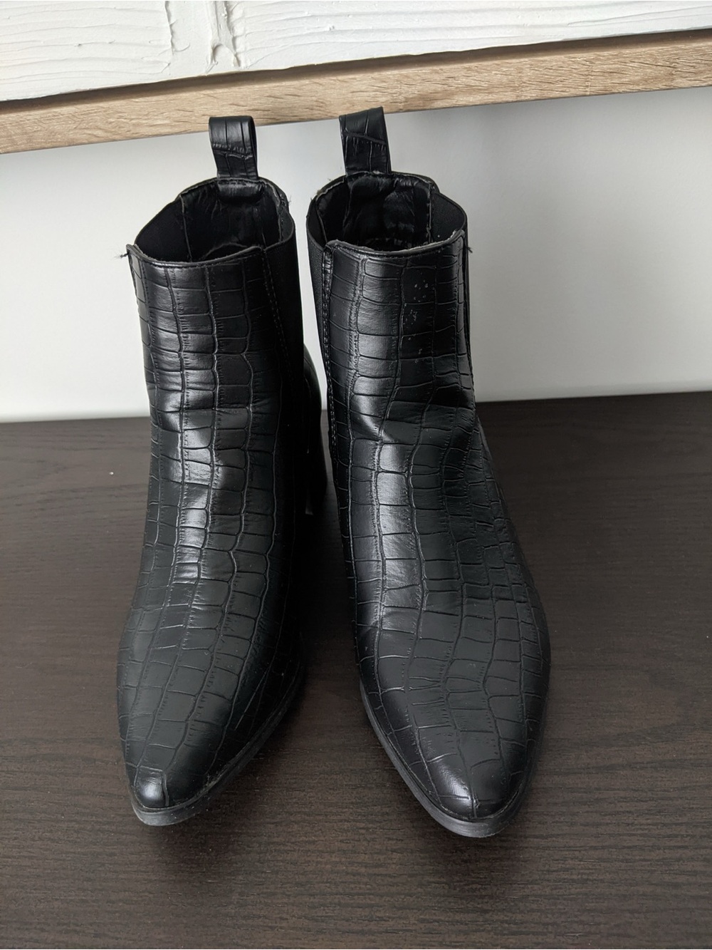 Black Croc-Embossed Pointed Toe Ankle Boots